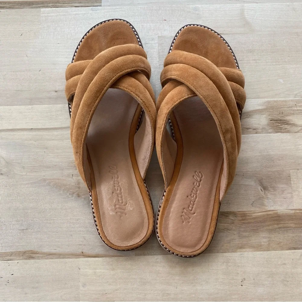 Madewell brown suede leather cross strap slide sandals size 6.5
